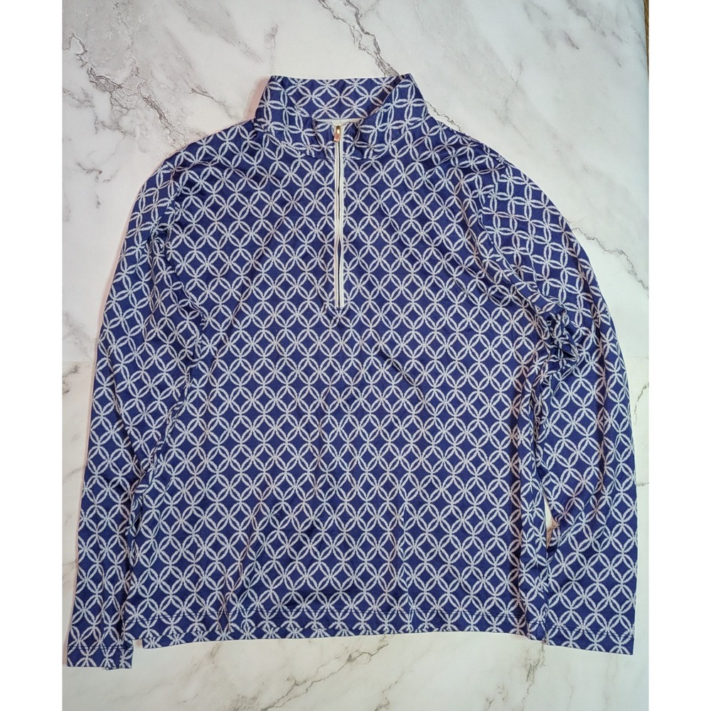 Peter Millar Womens XL Blue White Geometric Link Print 100% Cotton Quarter Zip